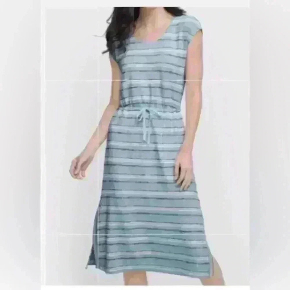 T by Talbots Midi Dress Size MP Drawstring Waist Blue Stripes Knit Stretch - Picture 1 of 10